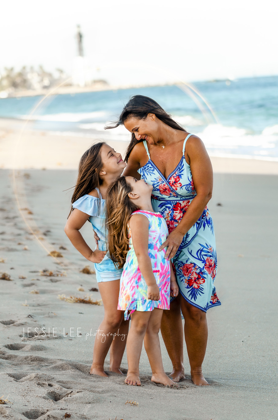 Family photographer pompano beach lighthouse point mom and daughters at beach jessie lee photography